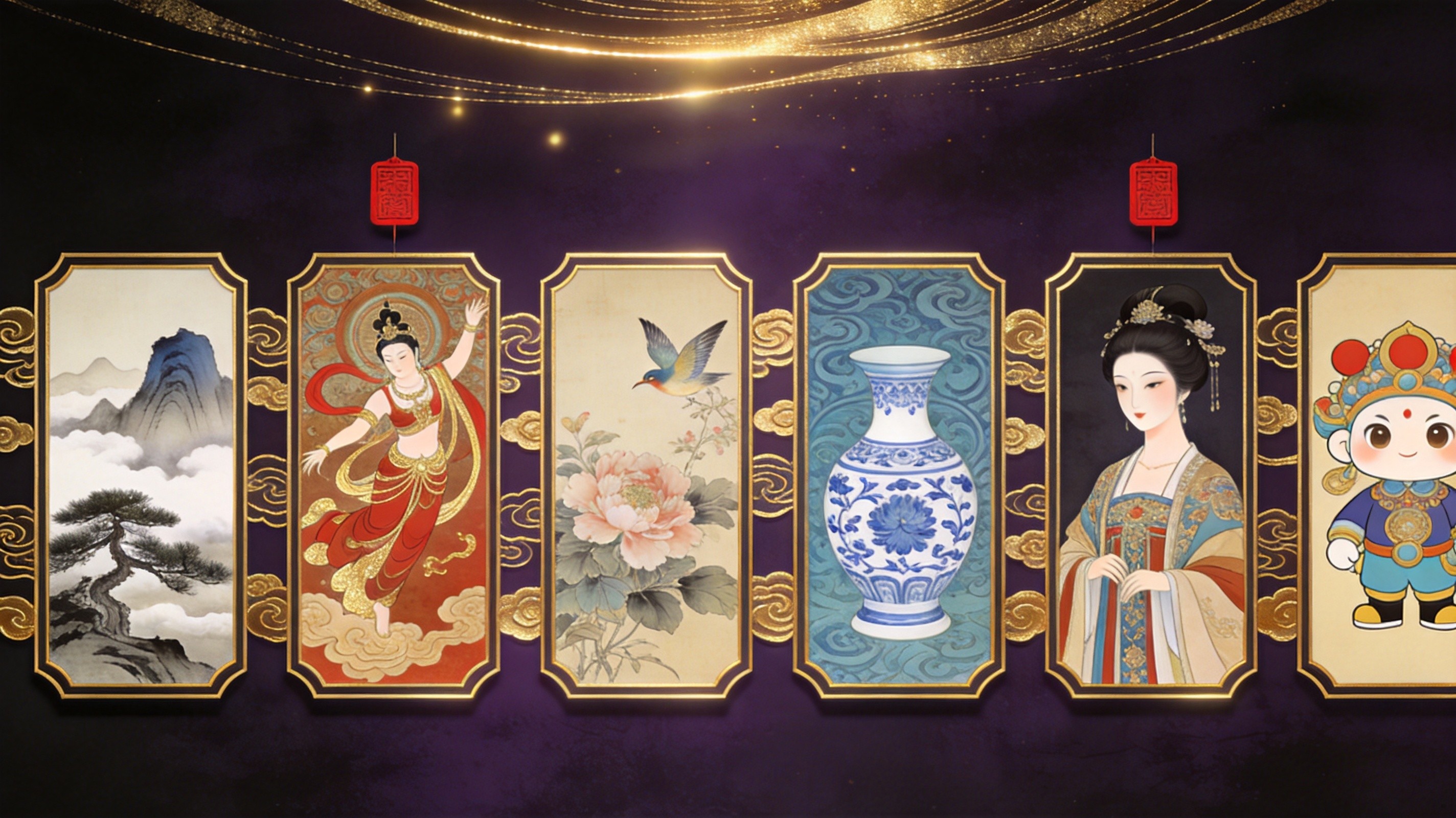 国风作品矩阵：水墨山水、敦煌飞天、工笔花鸟、青花瓷、汉服美人、国潮插画六幅鎏金画卷